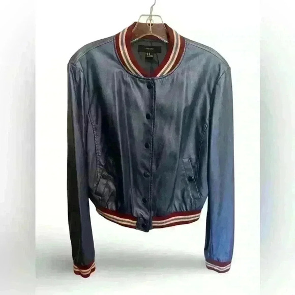 Forever 21 Blue Shiny Bomber Jacket Size Medium - Picture 1 of 3